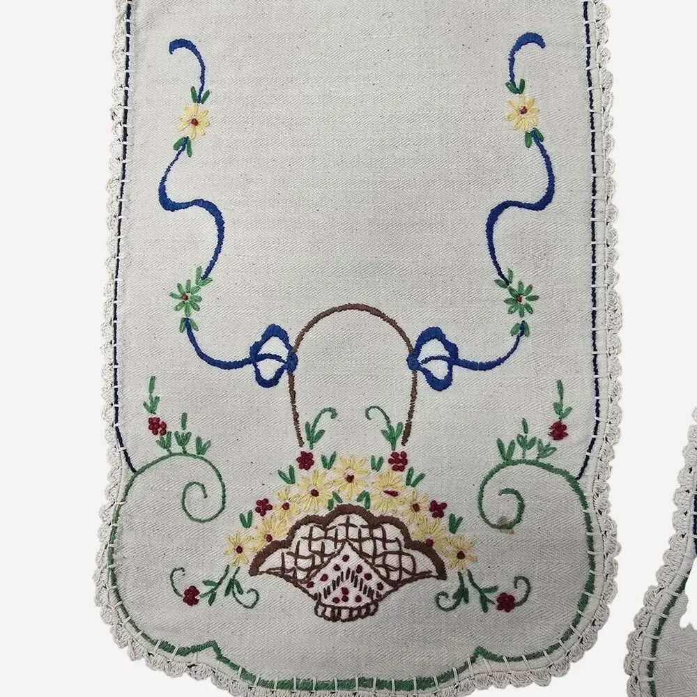 Vintage Art Deco hand-embroidered linen doilies dresser scarves/armrest covers
